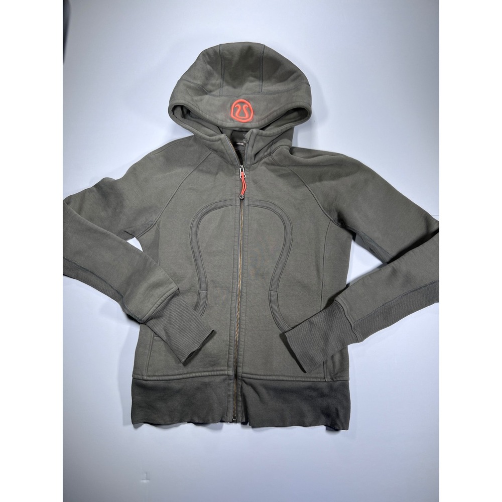 Lululemon Scuba Full Zip Hoodie Womens 4 Sage Green Orange Logo Activewear